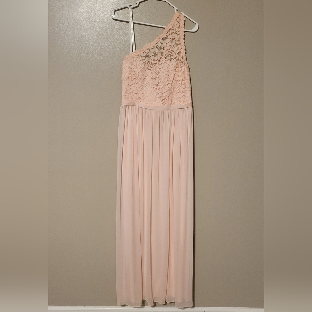 David's Bridal One-Shoulder Lace Prom Dress in Blush Pink